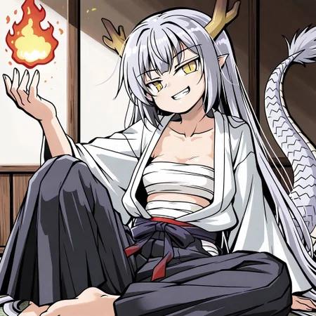 lazypos, girl focus, horns, sarashi, tail, solo, pointy ears, yellow eyes, 1girl, barefoot, smile, sitting, japanese clothes, dragon tail, looking at viewer, fire, grin, long sleeves, collarbone, head tilt, dragon horns, chest sarashi, open clothes, grey hair, fingernails, dragon girl, slit pupils, hakama, pants, hand up, wide sleeves, tsuzustyle, bWVy
