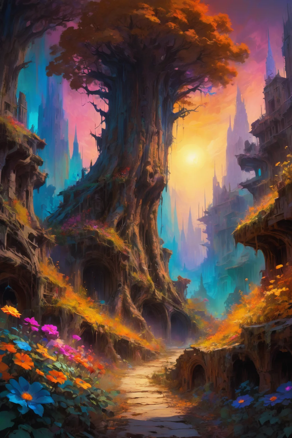 masterpiece, overgrown brutalism, Bark Brown glow, glowing trees, colorful flowers, breathtaking landscape, (a fantasy town  in the style of mystical digital painting  , hard lighting Radial Blur and vibrant colors and volumetrics dtx , , soft borders Frank Frazetta ,), portrait photography <lora:Overgrown_Brutalism_SDXL:.8>