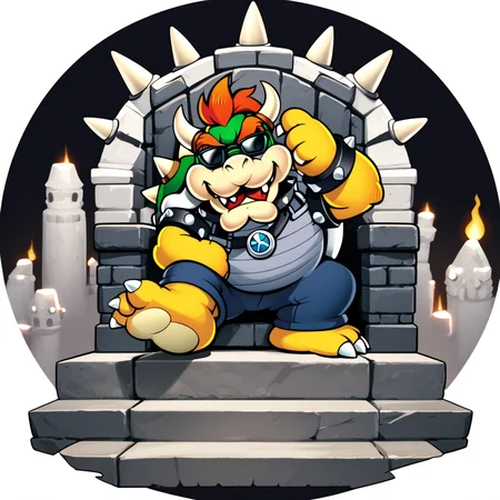 score_9, score_8_up, score_7_up, (Bowser:1), sitting in a throne, (laughing:1.1), (sunglasses:1.2), blue stone walls, dim, dark, spiked shell, spiked collar,official Nintendo artwork,rating safe,solo,looking at viewer,simple background,standing,full body,no humans,black background