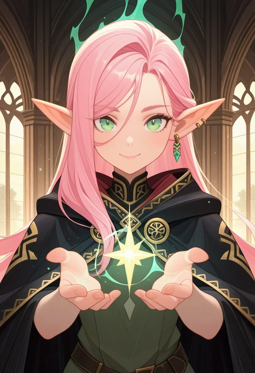 masterpiece, best quality, amazing quality,,<lora:afkArenaIllustrious:1>
afkarenastyle,
1girl, female elf, solo, casting spell, magic aura, portrait, female focus, pink hair, green eyes, slim, long hair, hair swept to one side, light skin, smile, looking at viewer, outdoors, beautiful, black cloak with gold trimming, earrings, indoors, arcane library