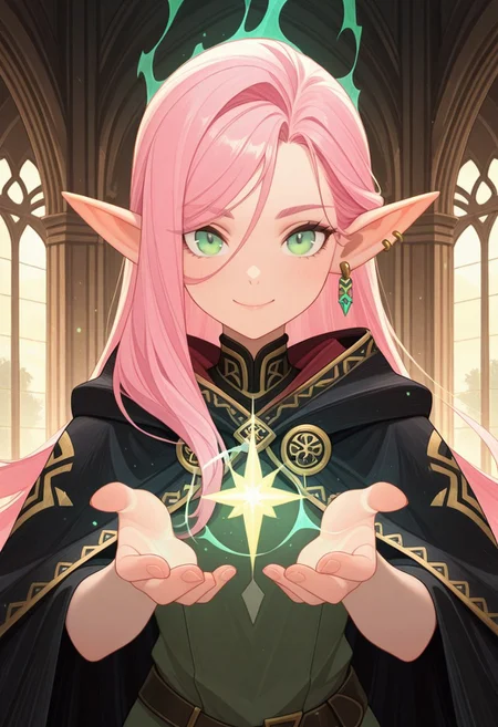 masterpiece, best quality, amazing quality,,<lora:afkArenaIllustrious:1>
afkarenastyle,
1girl, female elf, solo, casting spell, magic aura, portrait, female focus, pink hair, green eyes, slim, long hair, hair swept to one side, light skin, smile, looking at viewer, outdoors, beautiful, black cloak with gold trimming, earrings, indoors, arcane library