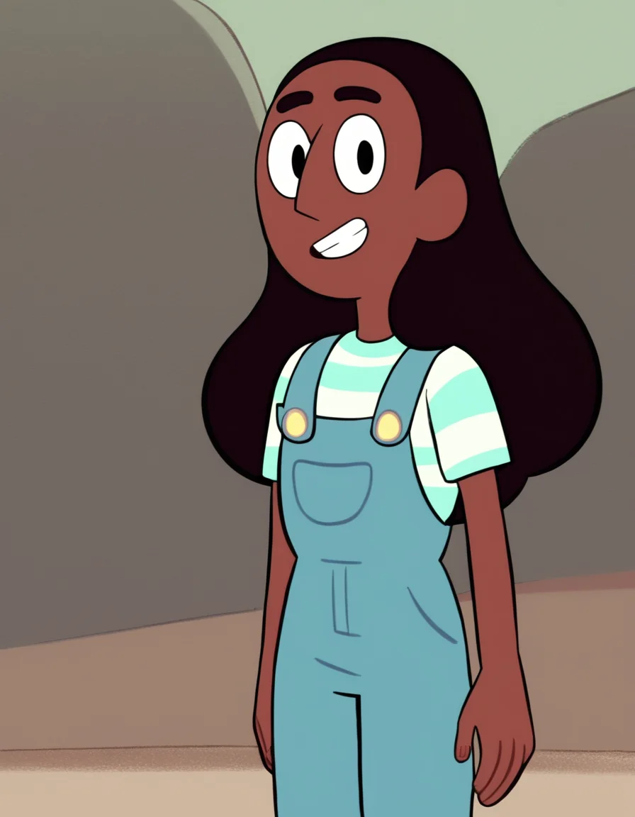 <lora:ConnieMaheswaranPony:1>Connie, solo, long hair, short sleeves, standing, black eyes, striped shirt, overalls, 1girl, brown hair, dark-skinned female,grin, score_9, score_8_up, score_7_up, score_6_up, score_5_up, score_4_up, looking at viewer, cowboy shot,outdoors,