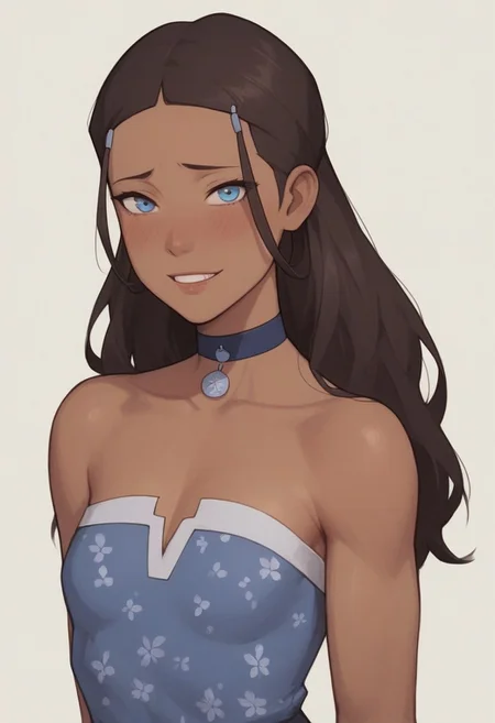 women;
handsfree, , cleavage natur,   bare shoulders, collar bone,
score_9, score_8, score_7, high quality, high detail, masterpiece, sharp lines, blush, small breasts, looking at viewer,  shy smile
 <lora:AsuraV2:0.5>,  <lora:princess_xl_v2:0.25>,  <lora:Smooth Anime Style LoRA XL:0.5>,  <lora:g0th1cPXL:0.5>,
 <lora:katara-book2-ponyxl-lora-nochekaiser:0.5> katara, dark skin, choker, dark-skinned female, brown hair, long hair, shoulder hair, blue eyes, hair ornament
dress floral, lacing detail on dress, motif transparent