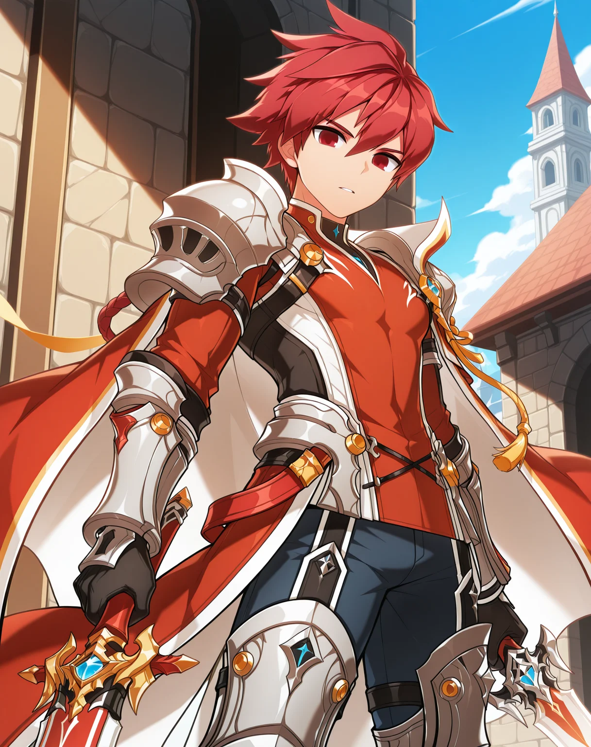 masterpiece, amazing quality, best quality, absurdres, very aesthetic,
1boy, solo, yaoi, male focus, cowboy shot, upper body, looking at viewer, face focus,
<lora:Elsword_Knight_Emperor_ilxl:1> elswordke, red hair, red eyes,
shoulder armor, red cape, black gloves, surcoat, pauldrons, pants, greaves, armored boots, knee boots,
holding weapon, holding sword,
outdoors, day, blue sky,