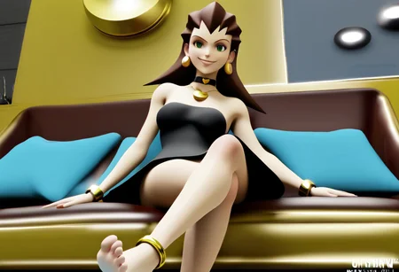 Duplicate seed image with the following correction: clean up the incomplete footwear around Tron's bare feet;
BREAK: 1girl, solo female, Tron Bonne (mega man), green eyes, dark brown hair, long hair with bangs, swept-back hairstyle, hair curved-out at the ends, pink hairband, large gold hoop earrings, necklace with gold heart pendant, black choker with gold and green skull charm, medium breasts, athletic female body, cropped dress, little black dress, barefoot, gold band anklets, sitting in lounge chair, crossed legs, smirking at viewer;
nightclub, lounging chair, foot stool,
NegfeetV2, Perfect Hands, Perfect feet, charturnerv2, 3D,
