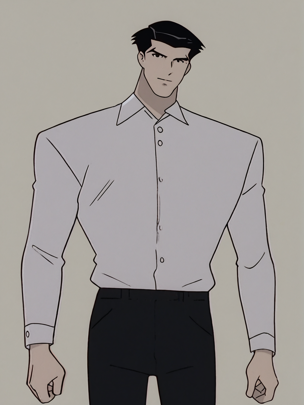 source_anime, score_9, score_8_up, score_7_up, anime screencap, 8k, absurd res,  <lora:BigO_PDXLv1 Roger-000035:0.8> solo, 1boy, roger_(the_big_o), black hair, long sleeves, collared shirt, black pants, pants, looking at viewer, simple background,