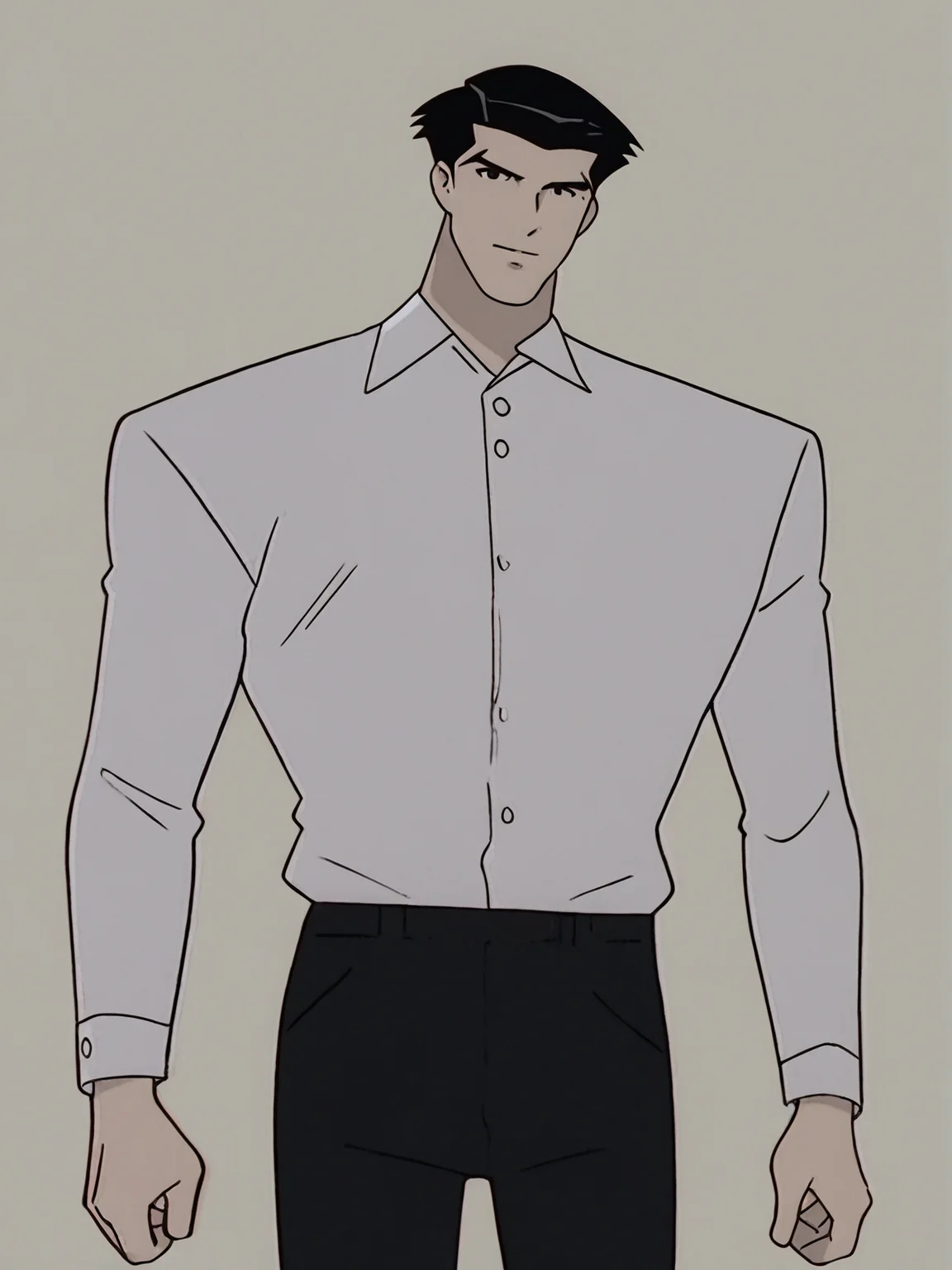 source_anime, score_9, score_8_up, score_7_up, anime screencap, 8k, absurd res, <lora:BigO_PDXLv1 Roger-000035:0.8> solo, 1boy, roger_(the_big_o), black hair, long sleeves, collared shirt, black pants, pants, looking at viewer, simple background,