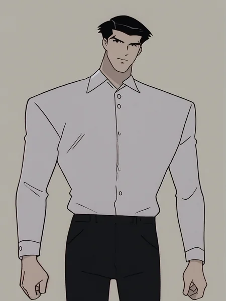 source_anime, score_9, score_8_up, score_7_up, anime screencap, 8k, absurd res, <lora:BigO_PDXLv1 Roger-000035:0.8> solo, 1boy, roger_(the_big_o), black hair, long sleeves, collared shirt, black pants, pants, looking at viewer, simple background,
