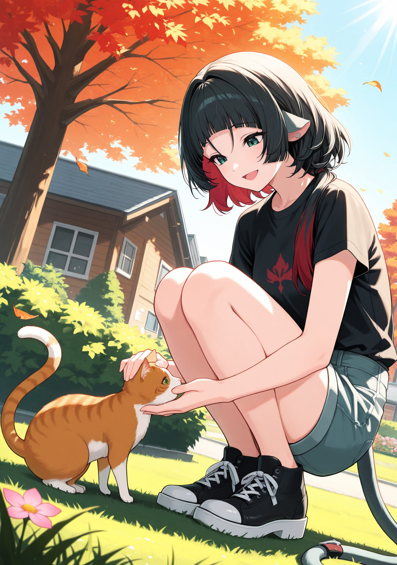 masterpiece, best quality, 1girl, solo, j4ne d0e, two-tone hair, black hair, red hair, blunt bangs, animal ears, casual, t-shirt, short sleeves, shorts, outdoors, garden, sunlight, day, bush, autumn, autumn leaves, cat, petting, looking down, green eyes, tail, blue sky, grass, flower, pink flower, house, squatting, dutch angle, from side, smile, open mouth