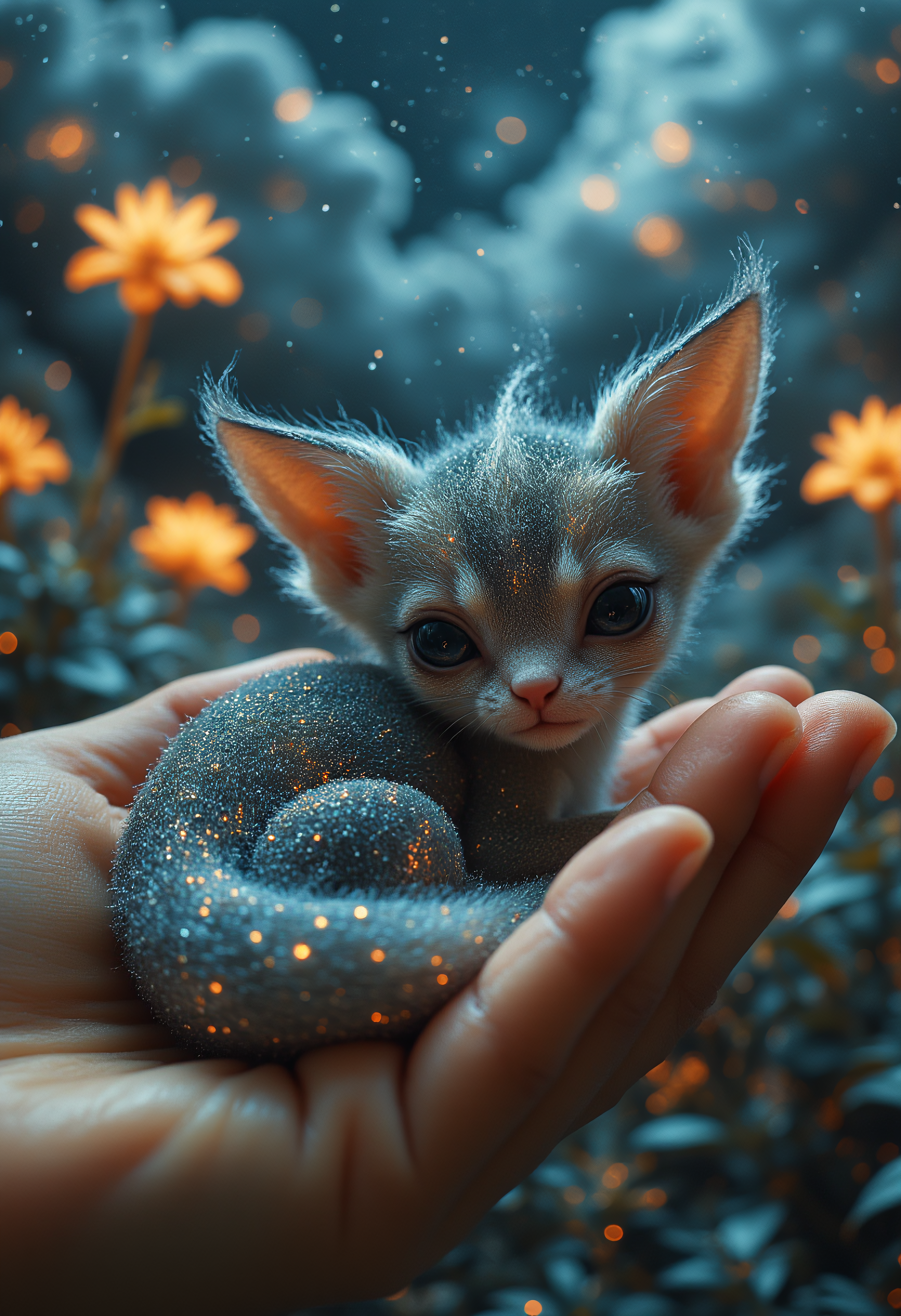 A tiny fox-like alien, covered in shimmering cosmic fur, speckled with tiny constellations. Its ears are long and wispy, glowing softly at the tips, and its tail is translucent, flowing like liquid stardust. It curls up in the palm of a hand, blinking lazily with star-filled eyes. The background is an otherworldly landscape, softly blurred with nebula-like glowing clouds and floating bioluminescent plants.