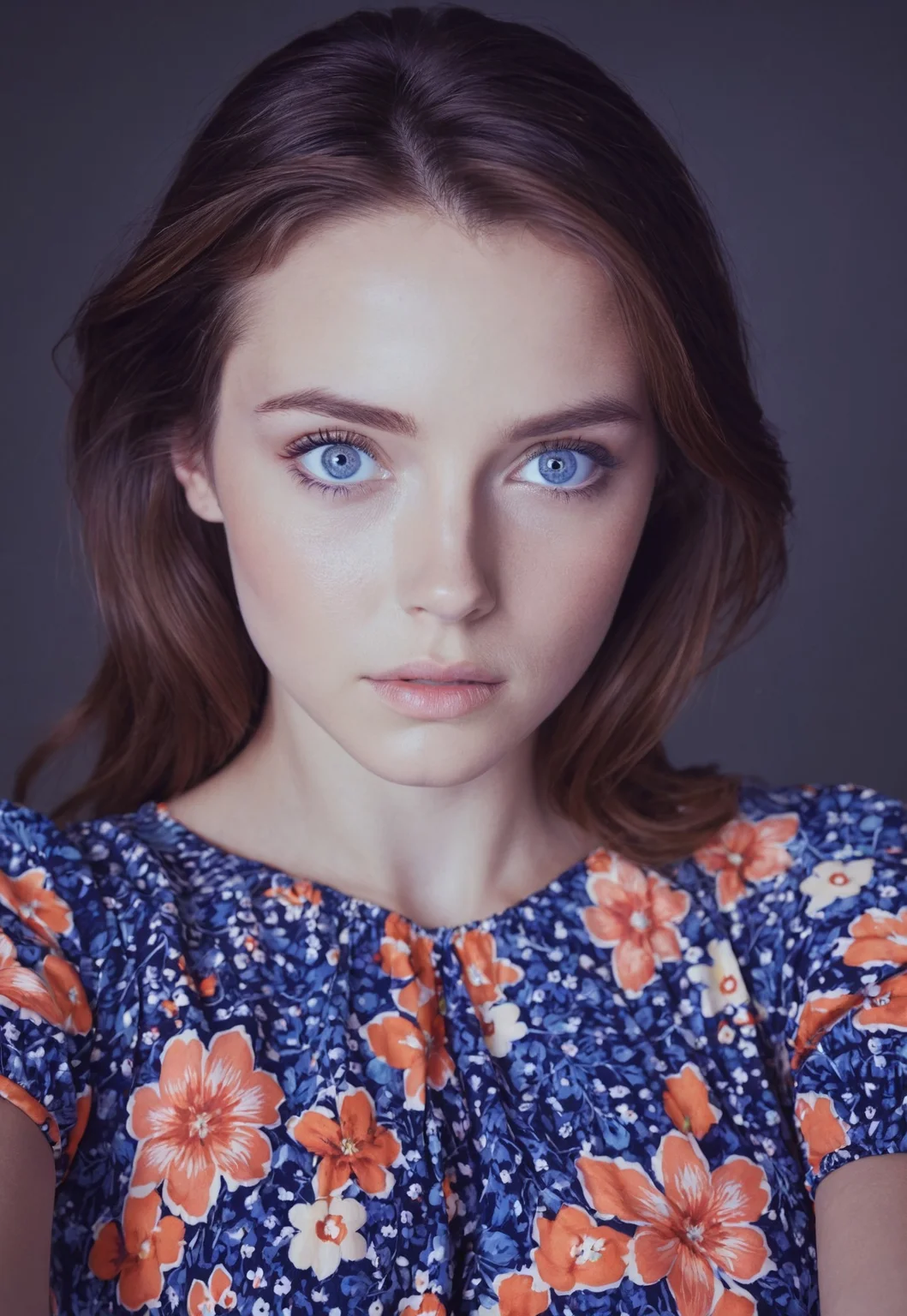 instagram photo, front view, portrait photo of a 24 y.o woman, brown hair, blue eyes,wearing floral dress, beautiful face, cinematic shot