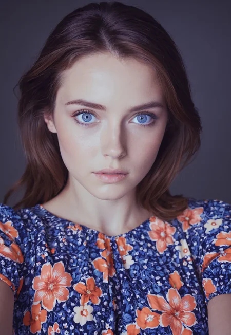 instagram photo, front view, portrait photo of a 24 y.o woman, brown hair, blue eyes,wearing floral dress, beautiful face, cinematic shot