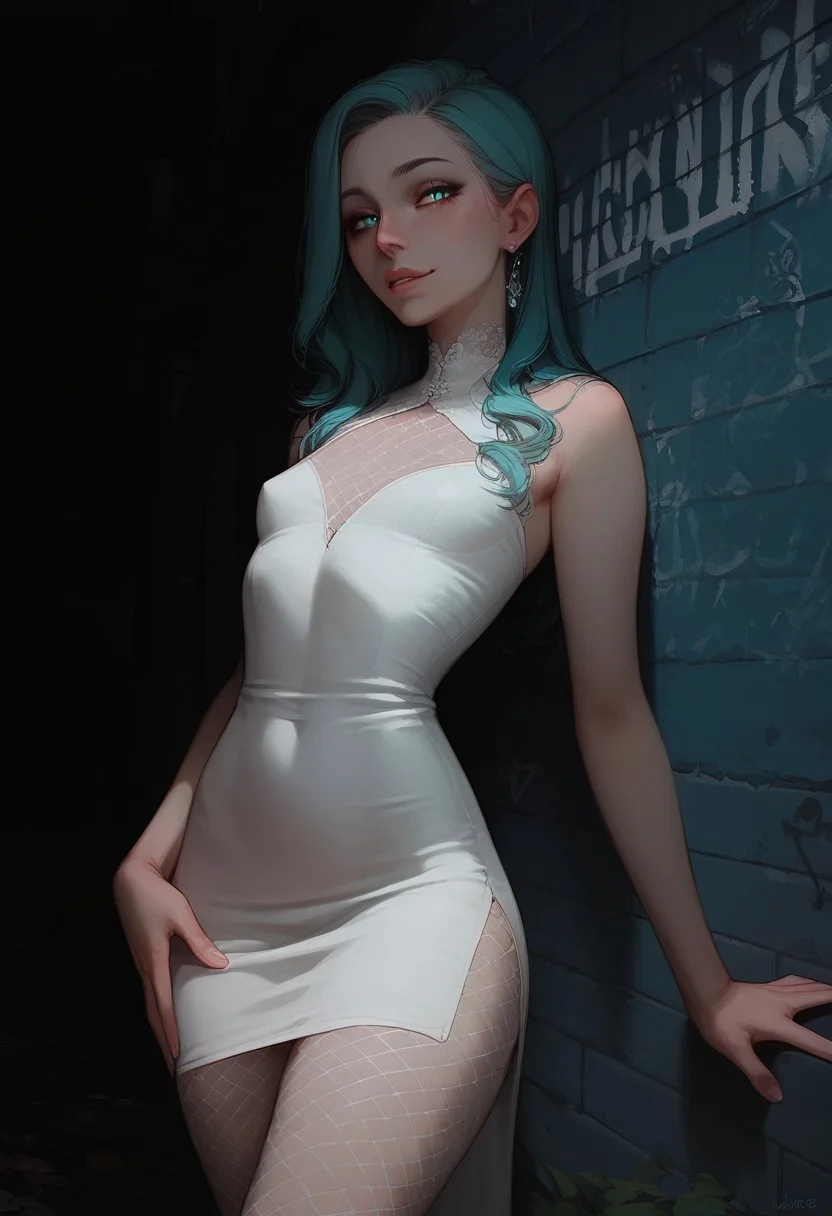 score_9,score_8_up,score_8,score_9,(((pastel colors, high contrast,expressiveh,solo focus, )))((aqua eyes,dark aqua hair,naughty face, straight hair, pale skin,white dress, tight dress,slit dress, thighs,fishnets)) (1girl, small chest, petite, detailed eyes, looking at viewer,standing, posing)alley. graffiti, night, night sky