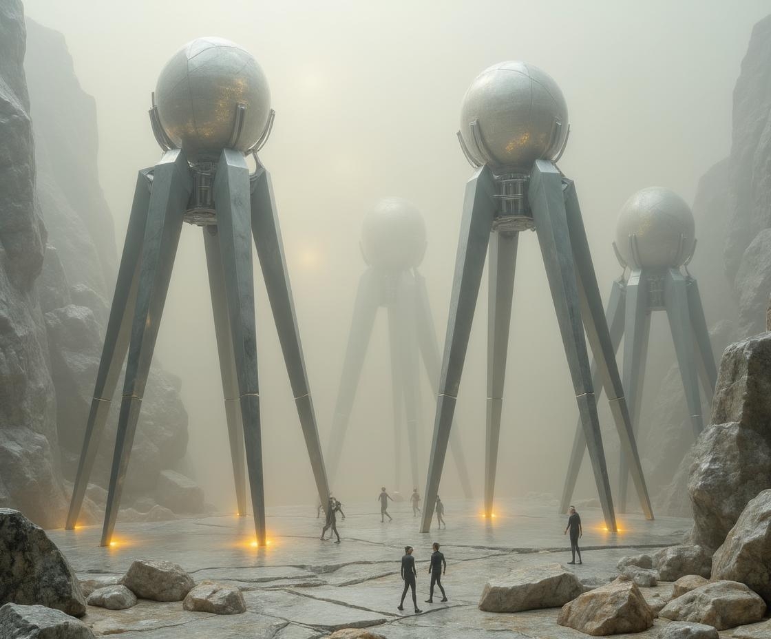 <lora:ck-polygon-gems-0019.safetensors:1> a crafted gemstone model in the style of cklg featuring a  The misty landscape is a canvas of muted grays and sepia tones, where towering, tripod-like machines rise from the fog like ancient monoliths. Each machine is a symphony of sleek, polished metal and intricate mechanical designs, with long, thin legs that seem to defy gravity. Atop these towering structures, globe-shaped capsules glisten under the soft, directional light, casting subtle shadows that enhance the textures of the metal and the fog.
The environment is a blend of urban grit and ethereal beauty. The ground is a mosaic of rough, industrial surfaces and smooth, polished concrete, creating a dynamic contrast. Smaller, humanoid figures, dressed in sleek, futuristic attire, move in a scattered formation below the machines. Their movements are deliberate, adding a sense of purpose to the scene. The figures, despite their smaller size, exude a confident elegance, their presence a testament to human resilience in the face of the imposing technology.
The light, diffused by the fog, creates a soft, enveloping glow that transforms the scene into a surreal dreamscape. The muted base palette is accented with warm, vibrant colors that draw the eye to the metallic textures and the humans' attire, enhancing the visual tension. The symmetry and repetition of geometric patterns in the environment, from the machines' legs to the patterns on the ground, create a sense of structural balance and harmony.
The overall atmosphere is one of mysterious and otherworldly beauty, where the fusion of organic and mechanical textures creates a compelling narrative. The scene is a testament to the coexistence of futuristic technology and human determination, where the machines, though imposing, do not overshadow the commanding presence of the figures below.