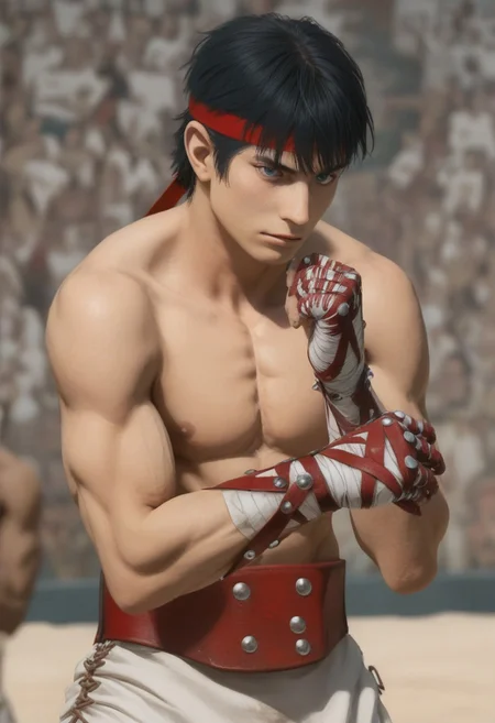 score_9, score_8_up, score_7_up, 1boy, cestanim, cestvs, red headband, short black hair, bangs, blue eyes, cestus, bandaged hands, studded red gloves, red belt with three studs, plain white kilt, red sandals, toned body, bandaged ankles