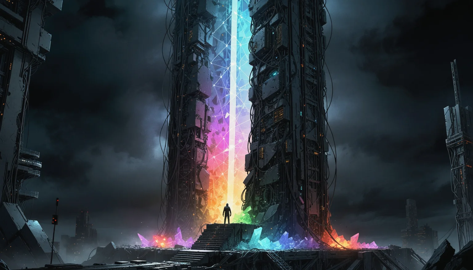 A 2.5D graphic novel illustration showing a colossal crystalline monolith standing solitary in the scene. The anomalous structure is made from a semi-translucent, cracked cluster of crystals, seemingly about to shatter into countless fragments, shining a bright, prismatic array of colorful light from its cracks, contrasting strongly against the dark background, like a neon rainbow in the night. The monolith is set on an elevated, mechanical platform within an expansive futuristic megastructure surrounded by arrays of devices, displays and machinery appearing to serve research purposes, interconnected by a chaotic web of wires and cables, monitoring the odd anomaly. The scenery is enshrouded in a volumetric fog, giving off a faint, foreboding glow, enhancing the unreal setting. Overwhelming threat envelops the atmosphere. The illustration's style is cel shaded, using sharp lines with dramatic shadows as well as intense contrast. The color concept is combining vibrant hues. <lora:dmd2_sdxl_4step_lora>