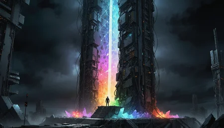 A 2.5D graphic novel illustration showing a colossal crystalline monolith standing solitary in the scene. The anomalous structure is made from a semi-translucent, cracked cluster of crystals, seemingly about to shatter into countless fragments, shining a bright, prismatic array of colorful light from its cracks, contrasting strongly against the dark background, like a neon rainbow in the night. The monolith is set on an elevated, mechanical platform within an expansive futuristic megastructure surrounded by arrays of devices, displays and machinery appearing to serve research purposes, interconnected by a chaotic web of wires and cables, monitoring the odd anomaly. The scenery is enshrouded in a volumetric fog, giving off a faint, foreboding glow, enhancing the unreal setting. Overwhelming threat envelops the atmosphere. The illustration's style is cel shaded, using sharp lines with dramatic shadows as well as intense contrast. The color concept is combining vibrant hues. <lora:dmd2_sdxl_4step_lora>