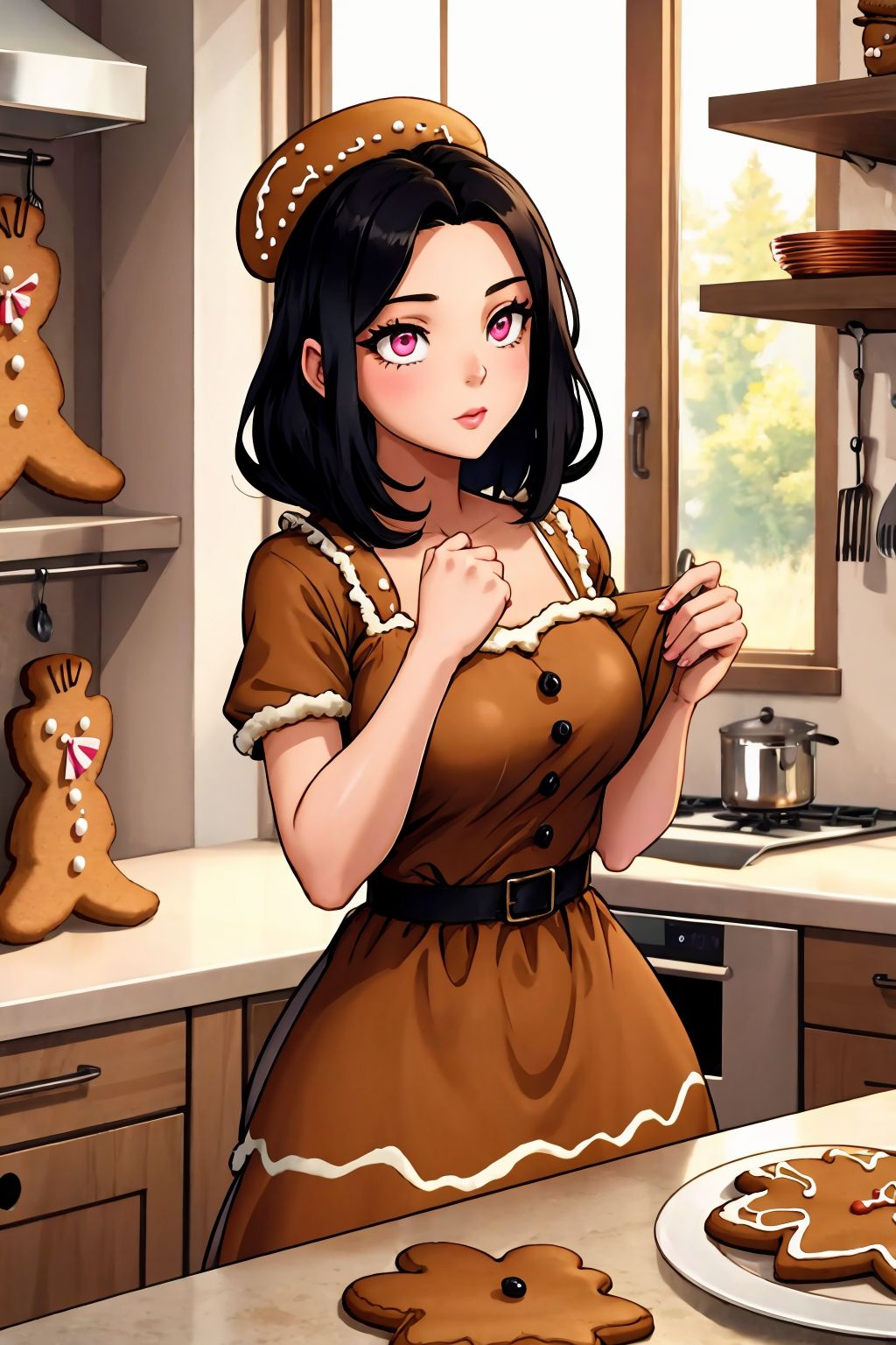 young woman, black hair, pink eyes, (gingerbread dress) <lora:Gingerbread Dress_v1:1>, kitchen