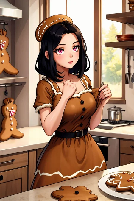 young woman, black hair, pink eyes, (gingerbread dress) <lora:Gingerbread Dress_v1:1>, kitchen