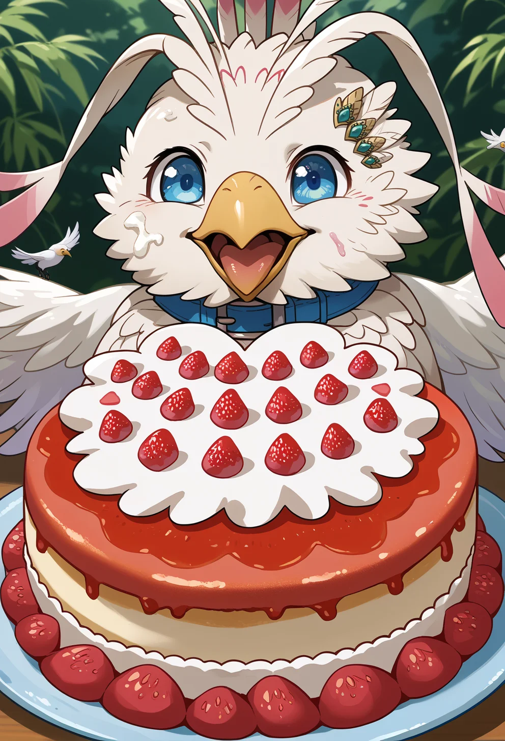 score_9, score_7_up, source_anime, <lora:AEFiloPony:1> BREAK
AEFiloBird, animal, beak, bird, blue collar, blue eyes, hairclip, white feathers, wings, happy, open mouth, tongue out, cake, food on face, food on body,