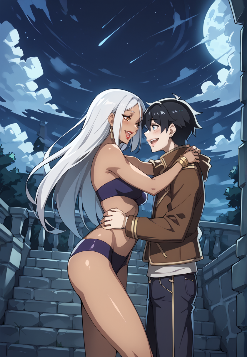 <lora:CaschAnimations-10:0.9> castyle, <lora:Tall Black Woman Short White Man_epoch_10:1> TBSW, 1girl, 1boy, long hair, black hair, dark skin, night, hetero, sky, jewelry, bracelet, dark-skinned female, monster girl, white hair, looking at another, midriff, bare shoulders, blush, tube top, hug, earrings, night sky, smile, short hair, strapless, interracial, cloud, lipstick, couple, assertive female, open mouth, very long hair, jacket, bandeau, pants, makeup, eye contact, age difference, outdoors <lora:saturation_v1:1>, 16k, masterpiece, absurdes, highly detailed, highres, high quality, best quality, score_9, score_8_up, score_7_up, score_6_up, shiny, shiny skin, shiny hair