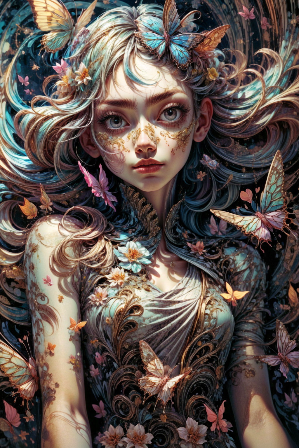 a girl  , clean face ,  butterflys , surrealism , highly detailed , portrait<lora:PAseerShadowofButterflyV2:1.2>  (((focus)))