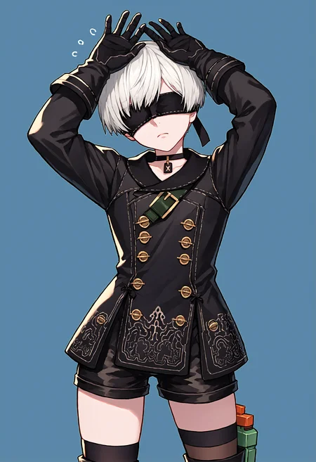 biomechanical cyberpunk score_9, score_7_up, source_anime, uncensored, cowboy shot, head tilt, rotated, blue background, (desperate:1.2), arms up, sleepy, oekaki,
<lora:NierAutomata_9S_v1.0:1> 9S, 9s (nier:automata), gloves, shorts, black gloves, white hair, boots, black blindfold, black choker, short hair, kneehighs, long sleeves, black jacket, double-breasted, jacket, buttons
. cybernetics, human-machine fusion, dystopian, organic meets artificial, dark, intricate, highly detailed