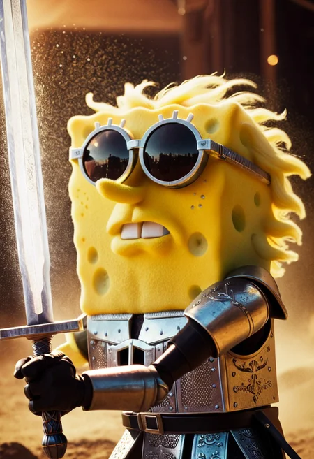 floating dust particles, visible dust in light rays, vintage dusty atmosphere, cinematic quality, closeup, a glamour shot of SpongeBob as a iron knight, wielding giant sword, wearing sun glasses, scenery, glowing eye, wild mane, monochrome Sin City styled duotoned color graded, deep Blacks, very detailed, atmospheric haze, Film grain, cinematic film still, shallow depth of field, highly detailed, high budget, cinemascope, moody, epic, Like a DonMS4kur4XL blossom Rain but its ash,