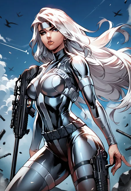 score_9, score_8_up, score_7_up, source_anime, 1girl, solo, long hair, breasts, medium breasts, weapon, white hair, lips, gun, bodysuit, headband, skin tight, rifle, sniper rifle, scope