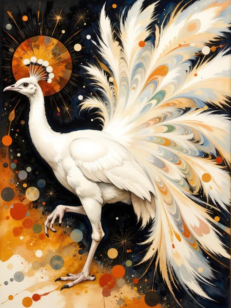 Surrealism themed artwork depicting white-toned peacock displaying huge striated glass tail, orange sparks, steampunk, intricate black and orange ebru, impossible, billowing bright dust, very detailed. The overall feel of the image is of clarity and balanced space, with distorted people and items interacting in unusual ways. Additionally the image incorporates elements of mixed media including flowing lines drawn with fine pens and appliqued copperleaf. The general effect is of elaborate surreal and absurdist elements interacting with each other to produce timeless fine art elegance. <lora:Paper_Marbling_Flux:0.5> <lora:Eldritch_Watercolor_for_Flux:0.5> <lora:midjourney_whisper_chromaplex_v1:0.4> <lora:Eldritch_Paint_Sketch_for_Flux_1.0.5:0.4> <lora:FLUX.1-DEV_-_Decadence_style_LoRA:0.5>