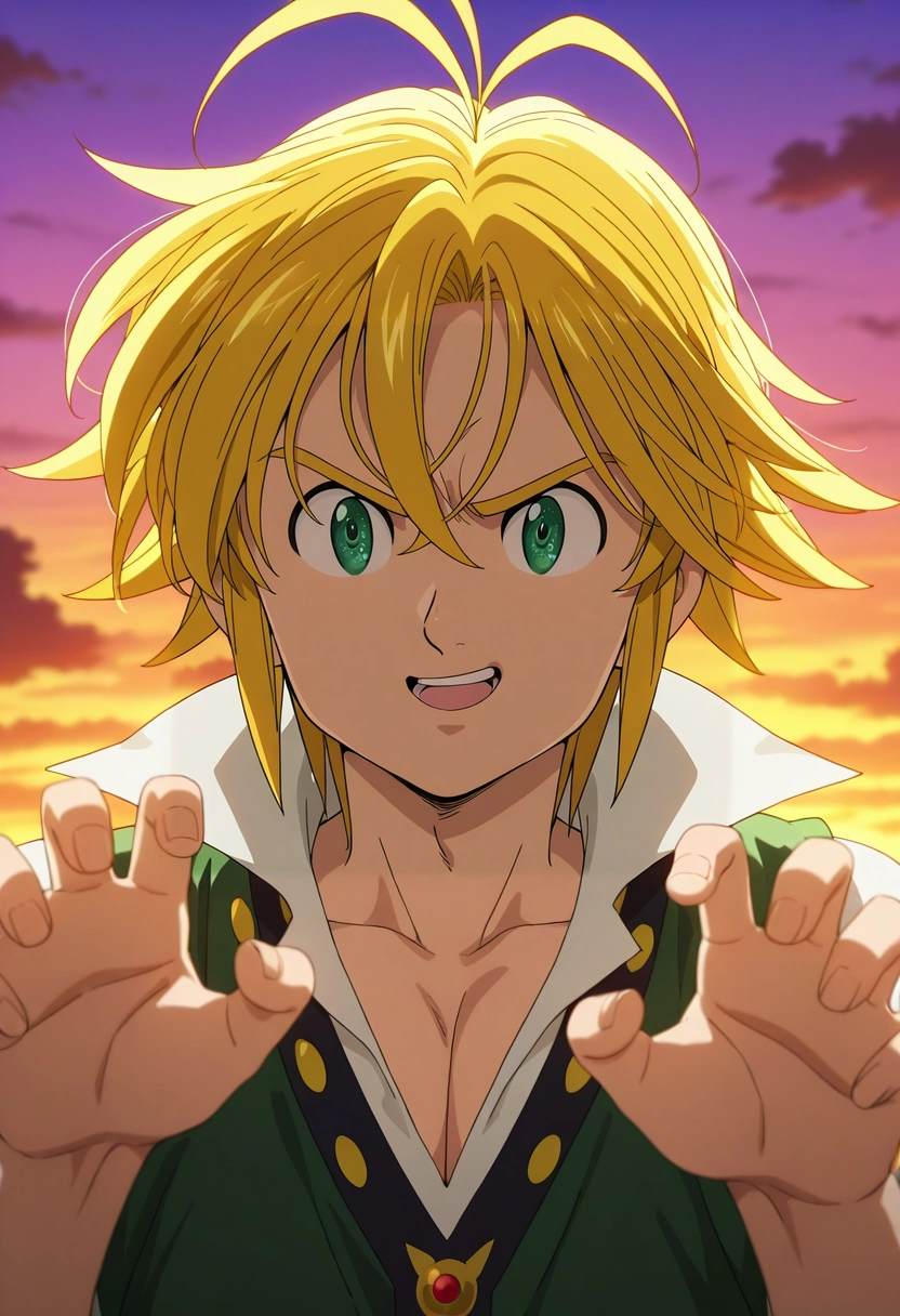masterpiece, best quality, intricate details, anime screencap, , , , 1boy, solo, male focus, <lora:meliodas_nanatsu_no_taizai_ilxl:1>, meliodas_nanatsu_no_taizai, blonde hair, green eyes, short hair, antenna hair, hair between eyes, focused, spaceship, dusk, claw pose, giggling