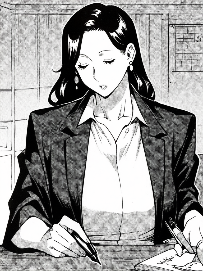 score_9, score_8_up, score_7_up,  
1girl, monochrome, asano shizuka, mature female, long hair, black hair, large breasts, earrings,


sitting, at desk, writing, holding pen, closed eyes, parted lips, upper body, white shirt, collared shirt, black jacket, 