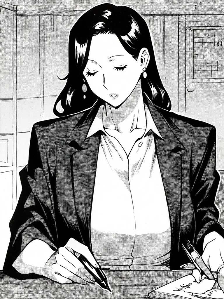 score_9, score_8_up, score_7_up,
1girl, monochrome, asano shizuka, mature female, long hair, black hair, large breasts, earrings,
sitting, at desk, writing, holding pen, closed eyes, parted lips, upper body, white shirt, collared shirt, black jacket,