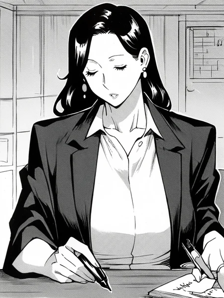 score_9, score_8_up, score_7_up,
1girl, monochrome, asano shizuka, mature female, long hair, black hair, large breasts, earrings,
sitting, at desk, writing, holding pen, closed eyes, parted lips, upper body, white shirt, collared shirt, black jacket,