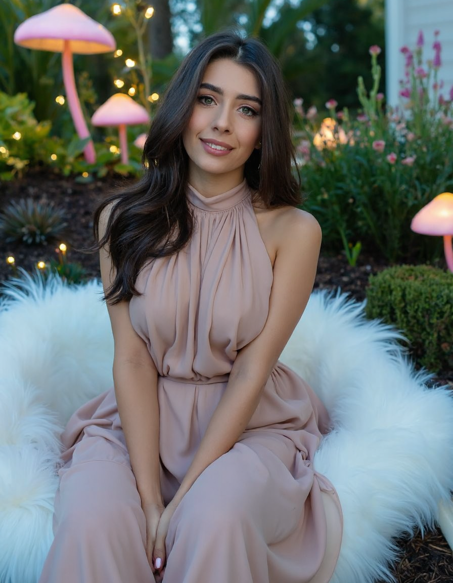 A woman sits on a cloud-soft, white couch, surrounded by a whimsical garden filled with glowing mushrooms and fireflies. The camera is positioned directly above her, looking down at her from a low angle. She gazes out at the viewer with a warm, gentle smile. She wears a high-necked, flowing gown made of lightweight, pastel-hued silk.