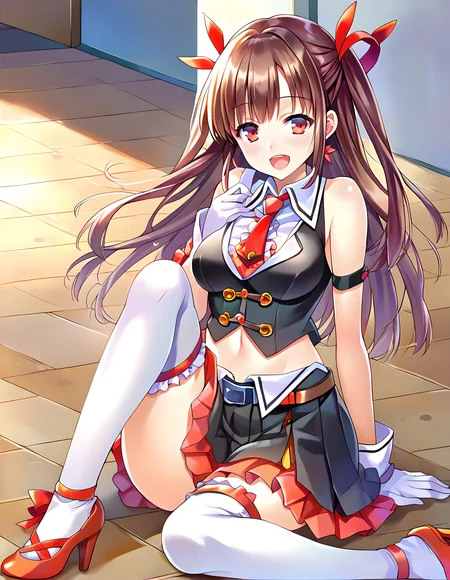 <lora:pony_xl_yuzuriha:0.8>,yuzuriha,score_9,score_8_up,score_7_up,source_anime,1girl,bare shoulders,black vest,midriff,white sleeveless shirt,necktie,navel,white gloves,belt,black pleated skirt,red frill,white thighhighs,red high heeled,laughing,;d,indoor,floor,sitting,wariza,knees_together_feet_apart,cowboy_shot,