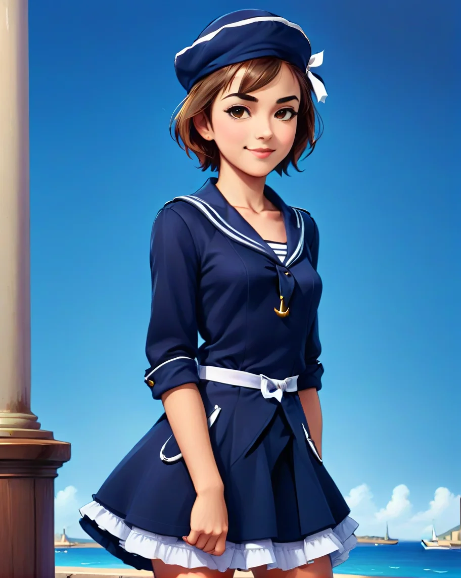 <lora:Navy_Sailor_Dress_SideCap_XL_v1-000020:0.8>, 1girl, brown hair, hat, jewelry, lips, short hair, navy sailor dress, solo, <lora:Perfect Hands:0.8>, Perfect Hands, <lora:HandFineTuning_XL:0.8>, sea port, full body, arms behind back, nidy, anime, drawing, thick eyebrows, french, smile , <lora:Vibrant_Noir_2:1>, novel illustration,