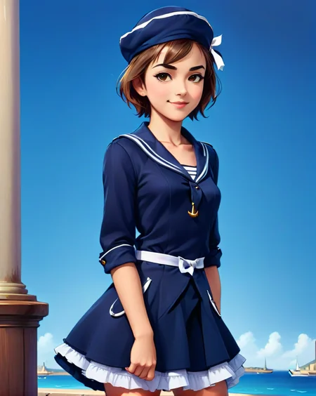 <lora:Navy_Sailor_Dress_SideCap_XL_v1-000020:0.8>, 1girl, brown hair, hat, jewelry, lips, short hair, navy sailor dress, solo, <lora:Perfect Hands:0.8>, Perfect Hands, <lora:HandFineTuning_XL:0.8>, sea port, full body, arms behind back, nidy, anime, drawing, thick eyebrows, french, smile , <lora:Vibrant_Noir_2:1>, novel illustration,