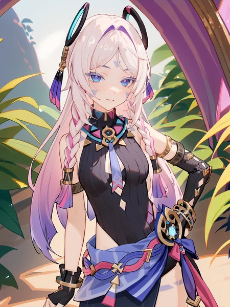 1girl, citlali \(genshin impact\), fingerless gloves, armlet, sarong, facial mark, bracelet, ring hair ornament, turtleneck leotard, leg tatoo, single gauntle, cowboy shot, standing, seductive smile, looking at viewer, hand on hip, outdoors, jungle <lora:Char-Genshin-Citlali-V1-XL:0.9>, masterpiece, best quality, very aesthetic, ray tracing, newest,(hitenkei, askzy:0.5), [<lora:detailed_notrigger:0.95>::0.5]