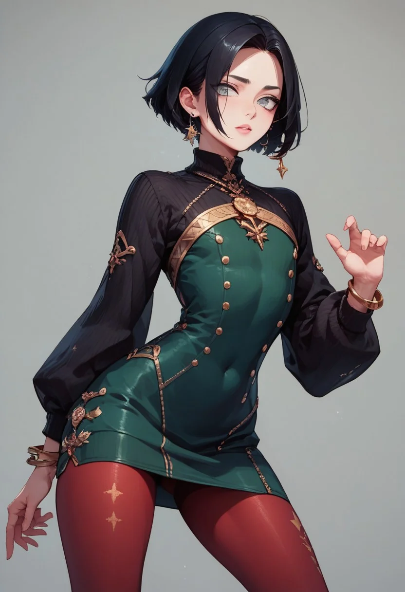 score_9, score_8_up, score_7_up, 1boy, femboy, otoko no ko, short hair, bob cut hair, black hair, grey eyes, gray eyes, feminine face, toned body, Shelly, 
bodycon dress, sweater dress, green dress, sleeves, neckline, red pantyhose, embroidered pantyhose, earrings, bracelets,  christmas hair ornament, 
highly detailed, intricate, zzCitronCAT, model pose, modelshoot