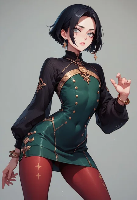 score_9, score_8_up, score_7_up, 1boy, femboy, otoko no ko, short hair, bob cut hair, black hair, grey eyes, gray eyes, feminine face, toned body, Shelly,
bodycon dress, sweater dress, green dress, sleeves, neckline, red pantyhose, embroidered pantyhose, earrings, bracelets, christmas hair ornament,
highly detailed, intricate, zzCitronCAT, model pose, modelshoot