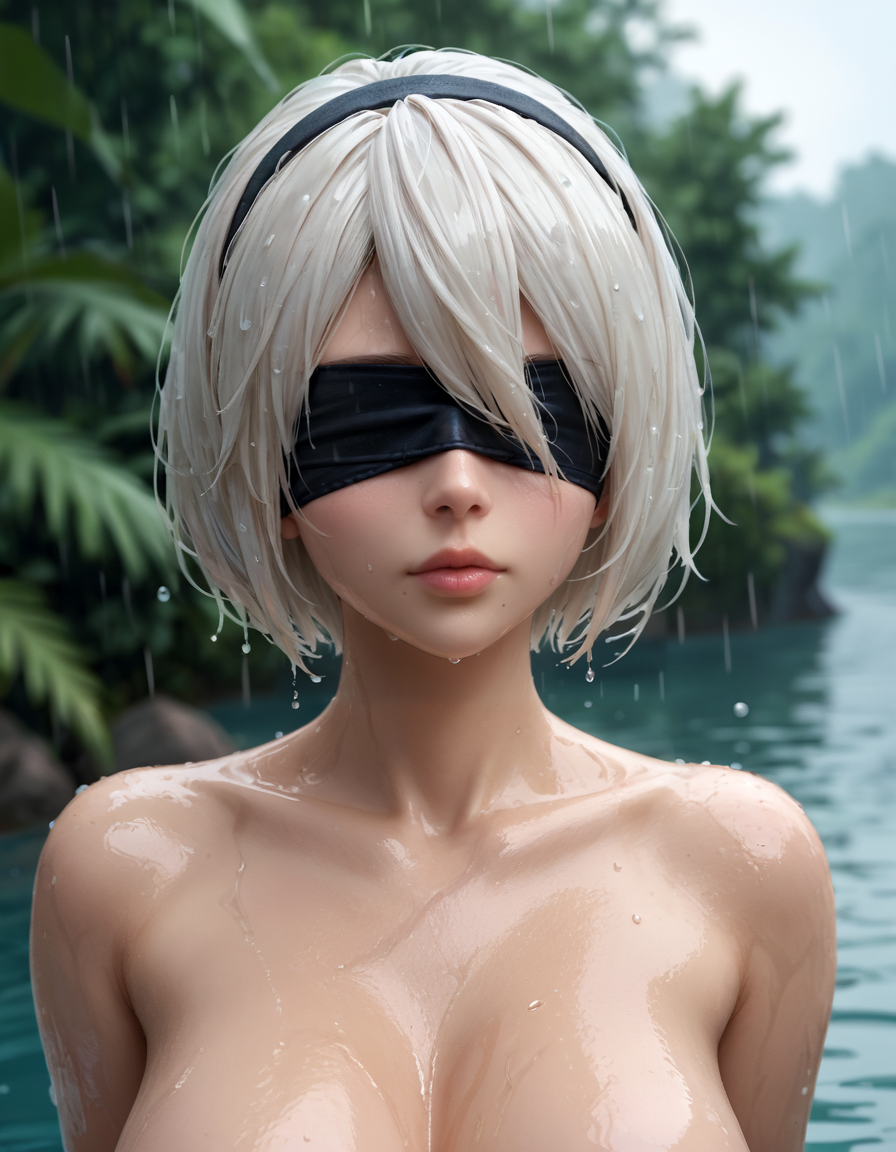 1girl, solo, breasts, short hair, bare shoulders, medium breasts, closed mouth, upper body, white hair, naked breasts, hairband, mole, blurry, lips, wet, depth of field, blurry background, black hairband, wet clothes, mole under mouth, facing viewer, rain, water drop, blindfold, wet hair, covered eyes, black blindfold, yorha no. 2 type b