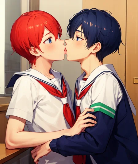 two boys, kiss, <lora:animeKissesLocon_v1:0.8>, school uniform