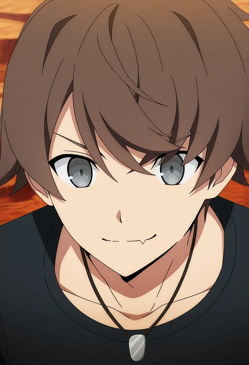 masterpiece, best quality, , anime screencap, , official style,, 1boy, solo, male focus, <lora:kanata_synduality_noir_ilxl:0.92>, kanata_synduality_noir, brown hair, grey eyes, short hair, , necklace, , focused, sahara desert, noon, villain pose, skin fang,