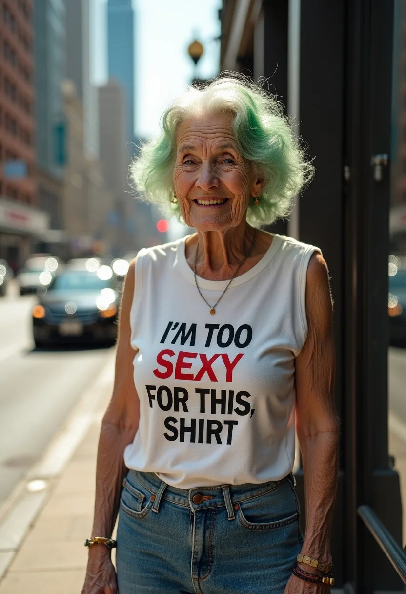 A old granny standing outside a building, wearing a sleeveless shirt that reads "I'm too sexy for this shirt" in bold letters. Her hair is dyed green. The scene is set in an urban area with tall buildings and busy streets in the background. The granny is dressed casually, wearing jeans and a t-shirt. The focus of the image is on the woman's face and her shirt. The lighting is bright and sunny, with deep shadows in the background. The woman's skin is wrinkly, while her clothes have a soft sheen to them. The focus is sharp and clear on the woman's face and the sign. The background is blurred slightly for a sense of depth. The mood is carefree and whimsical, with the woman's smile and the bold lettering of the shirt conveying a sense of fun