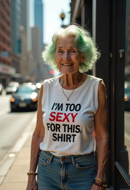 A old granny standing outside a building, wearing a sleeveless shirt that reads "I'm too sexy for this shirt" in bold letters. Her hair is dyed green. The scene is set in an urban area with tall buildings and busy streets in the background. The granny is dressed casually, wearing jeans and a t-shirt. The focus of the image is on the woman's face and her shirt. The lighting is bright and sunny, with deep shadows in the background. The woman's skin is wrinkly, while her clothes have a soft sheen to them. The focus is sharp and clear on the woman's face and the sign. The background is blurred slightly for a sense of depth. The mood is carefree and whimsical, with the woman's smile and the bold lettering of the shirt conveying a sense of fun