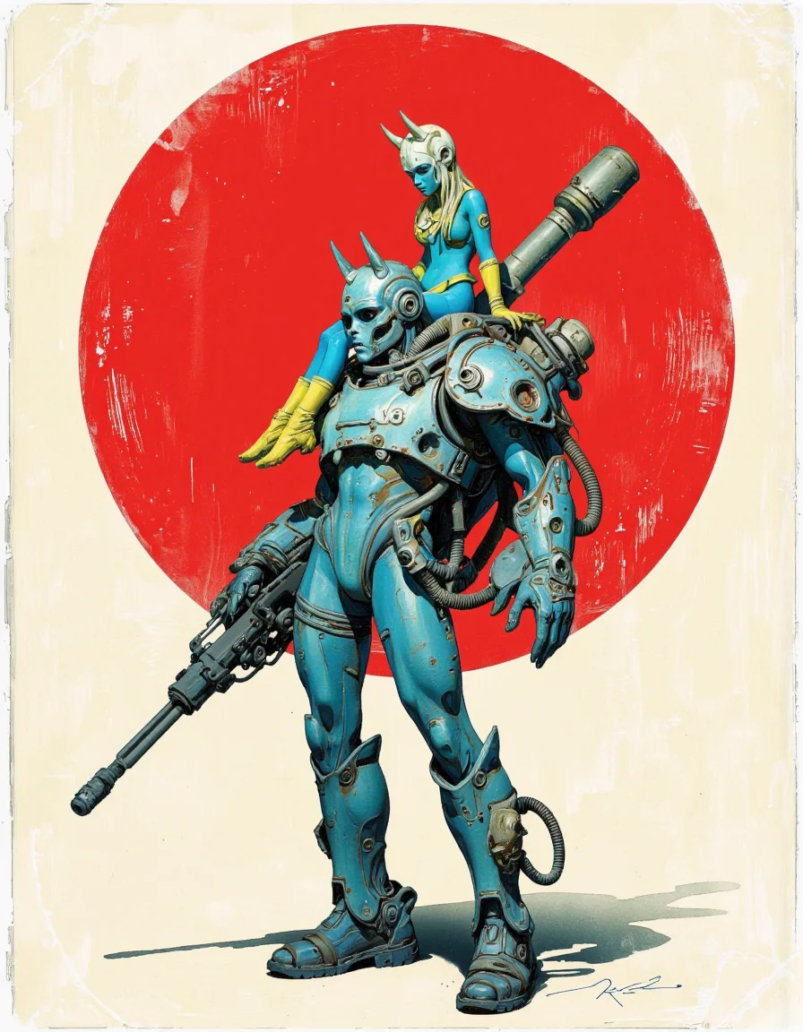 By Passcal Blanché. A digital illustration featuring a futuristic and cyberpunk aesthetic. The central figure is a humanoid robot, mostly metallic with a blue tint, mounted on a large mechanical exoskeleton. The robot has a sleek, streamlined design with visible joints and hydraulic lines, giving it a sense of movement and power. Its head is similar to a helmet, with a visor covering its eyes and a pointed, protruding ear. The robot is equipped with a large, bulky backpack and a long cylindrical object extending from its back, possibly a weapon or communication device.
Perched atop the robot is a human figure, dressed in a blue jumpsuit with yellow accents, including gloves and boots. The human has a slim, athletic build and wears a helmet with the appearance of a skull bearing horns. The human's posture is relaxed, with one hand resting on the robot's shoulder, indicating a sense of control or partnership.
The background is a stark off-white with a bold red circle behind the robot, creating a striking contrast and adding a sense of depth. The image has a grainy texture that reinforces the overall cyberpunk look. The overall composition is dynamic, with the robot and human in a dominant position against the stark backdrop. <lora:Pascal_Blanché:0.85>