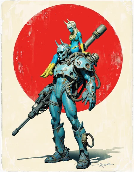 By Passcal Blanché. A digital illustration featuring a futuristic and cyberpunk aesthetic. The central figure is a humanoid robot, mostly metallic with a blue tint, mounted on a large mechanical exoskeleton. The robot has a sleek, streamlined design with visible joints and hydraulic lines, giving it a sense of movement and power. Its head is similar to a helmet, with a visor covering its eyes and a pointed, protruding ear. The robot is equipped with a large, bulky backpack and a long cylindrical object extending from its back, possibly a weapon or communication device.
Perched atop the robot is a human figure, dressed in a blue jumpsuit with yellow accents, including gloves and boots. The human has a slim, athletic build and wears a helmet with the appearance of a skull bearing horns. The human's posture is relaxed, with one hand resting on the robot's shoulder, indicating a sense of control or partnership.
The background is a stark off-white with a bold red circle behind the robot, creating a striking contrast and adding a sense of depth. The image has a grainy texture that reinforces the overall cyberpunk look. The overall composition is dynamic, with the robot and human in a dominant position against the stark backdrop. <lora:Pascal_Blanché:0.85>