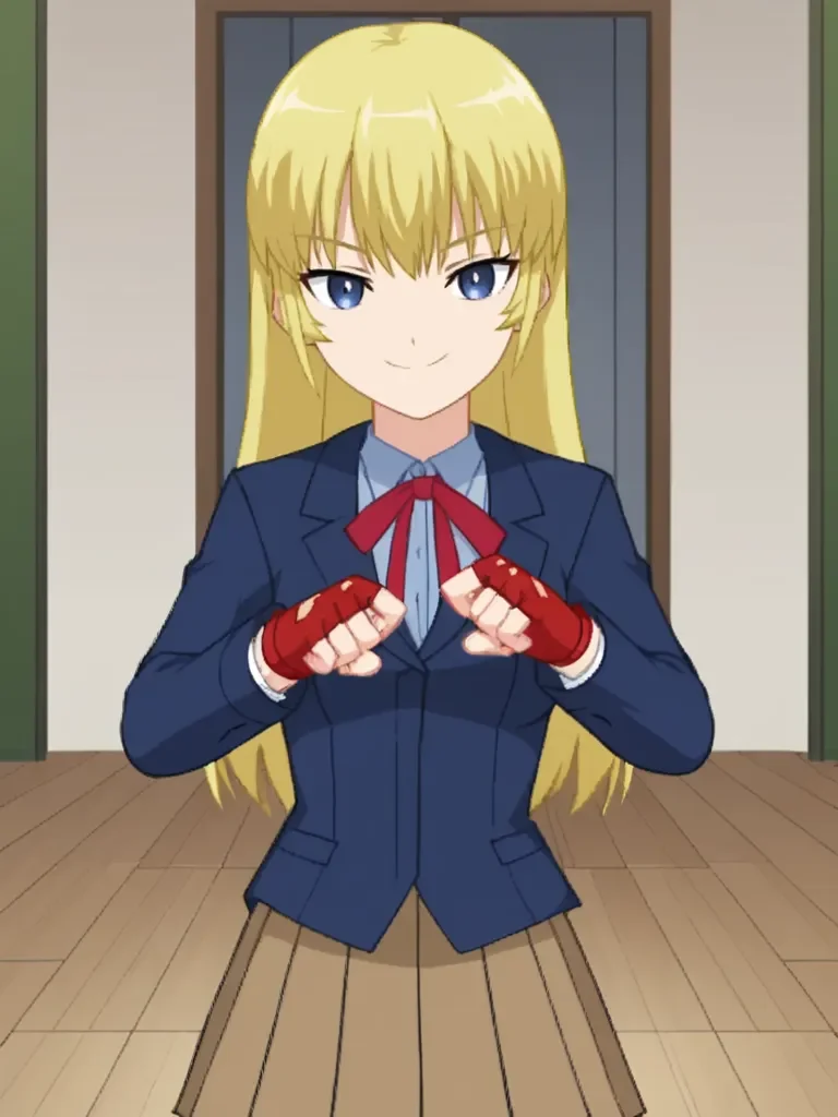 score_9, score_8_up, score_7_up, source_anime, 2D, flat colors, flat shadows, anime_screencap, <lora:ryusenkarenpony:1>,
1girl, solo, ryusenkaren, blonde hair, long hair, blue eyes, blue shirt, blazer, long sleeves, red fingerless gloves, neck ribbon, school uniform, brown skirt, black thighhighs, standing, polite pose, smile, looking at viewer