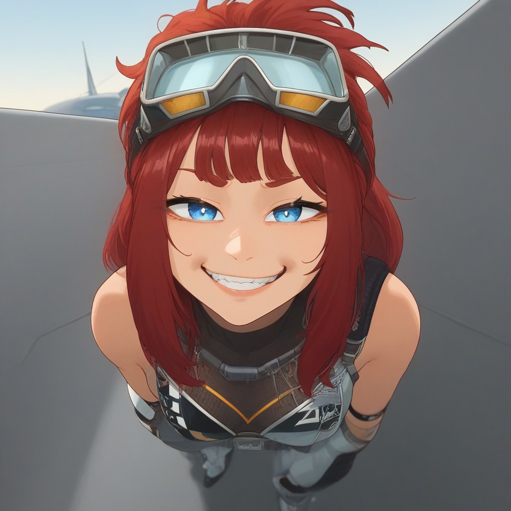 skigirl, light blue eyes, red hair, z googles, smug, about to sky dive, on a plane about to jump, wearing a parachute, looking at viewer,